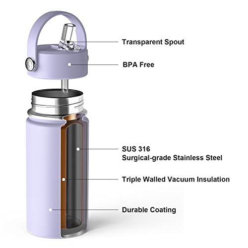 Oisiz Kids Water Bottle with Straw Lid 14oz, Vacuum Insulated 316 Stainless Steel Water Bottles for Kids for School, Leakproof Toddler Water Bottle, BPA Free and Keep Cold for 24 Hours, Light Purple