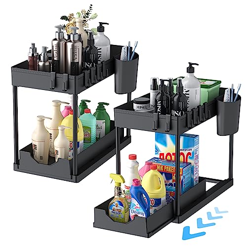 TMWHE Under Sink Storage Rack, Multifunctional Plastic Organizer, Slide-Out Design, 15.5"Lx8.5"Wx11.6"H, Black