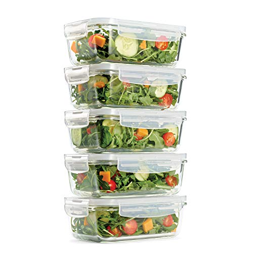 Fit & Fresh, 28 ounces, Set of 5 Locking Lids, Meal Prep, 5 Pack, Glass Storage Containers with Airtight Seal, 28 oz, 28.4 oz, Clear