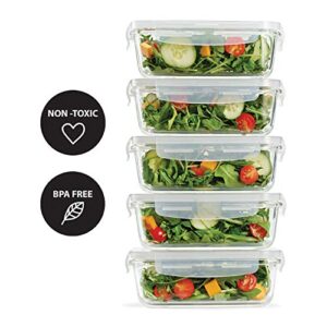 Fit & Fresh, 28 ounces, Set of 5 Locking Lids, Meal Prep, 5 Pack, Glass Storage Containers with Airtight Seal, 28 oz, 28.4 oz, Clear