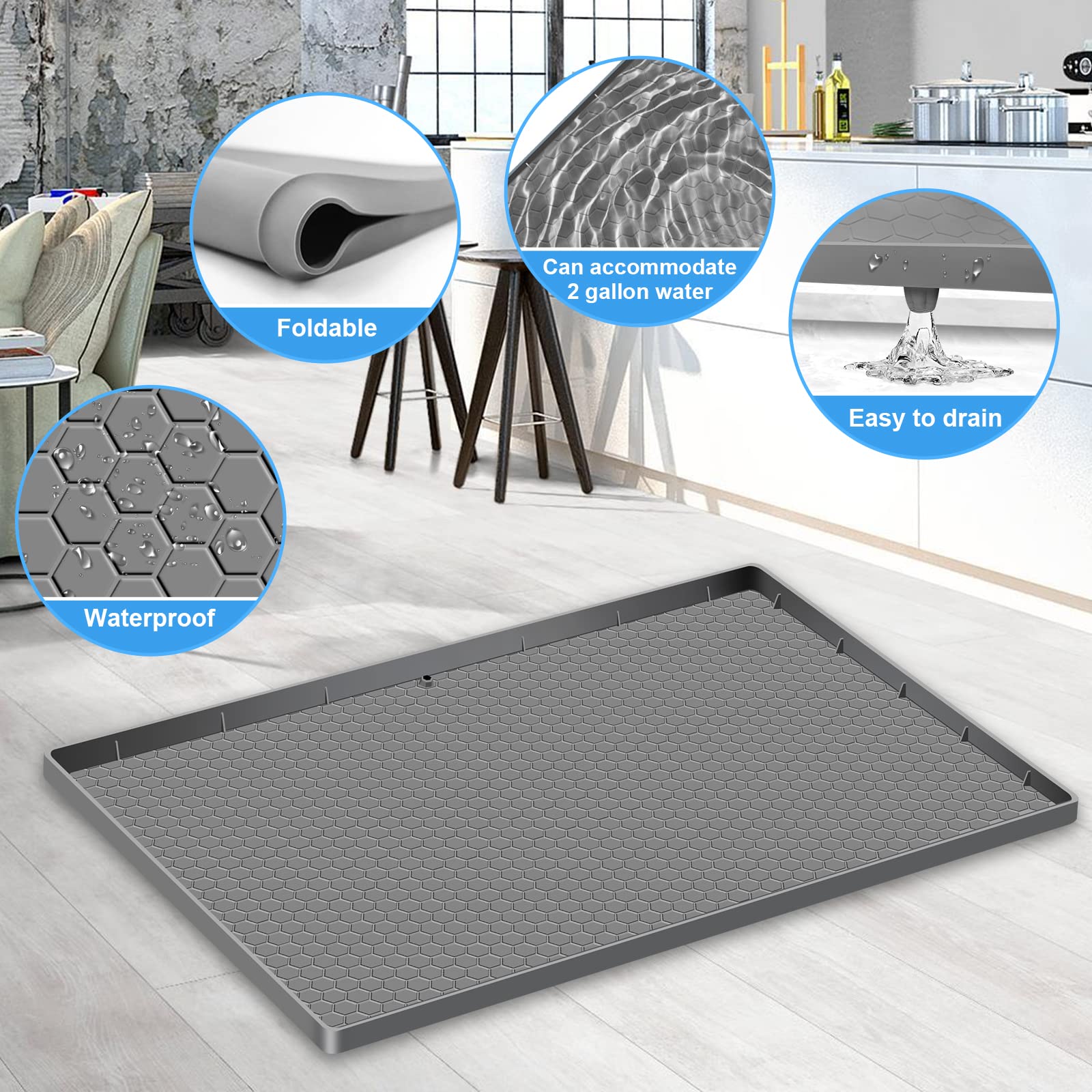 Under Sink Mat, 34"*22"*0.67", Waterproof, Cabinet Protector Silicone Mats for Kitchen & Bathroom, Holds up to 2 Gallon Liquiq(Dark Gray) (Thin860g)