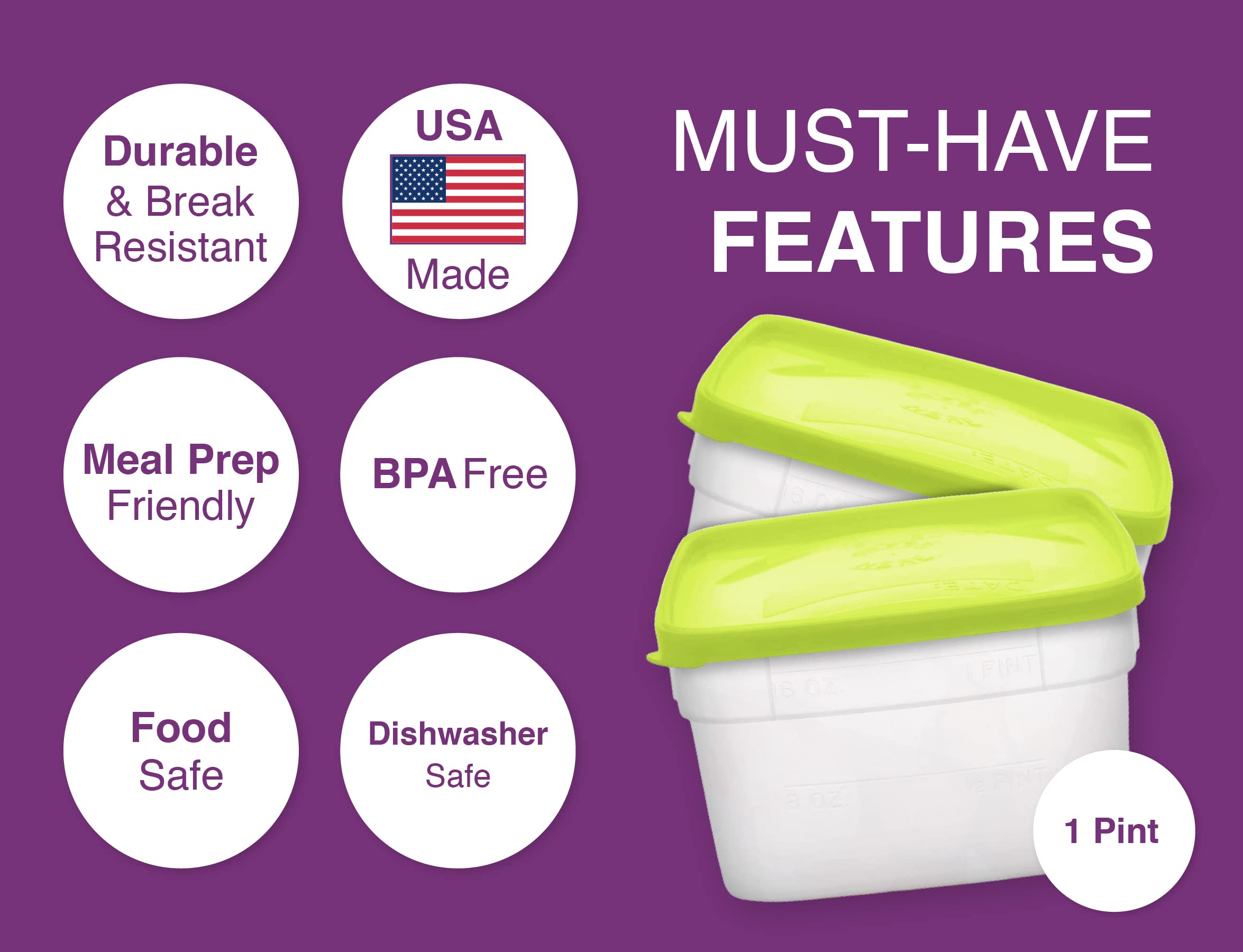 Arrow Home Products 1 Pint Freezer Containers for Food Storage, 10 Pack with Lids - USA Made Reusable Plastic Food Storage Containers - Prep, Store and Freeze - BPA Free, Dishwasher Safe