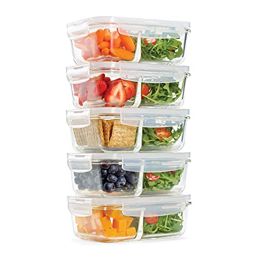 Fit & Fresh Divided, 5-Pack, Two Compartments, Set of 5 Containers with Locking Lids, Glass Storage, Meal Prep Containers with Airtight Seal, 27 oz.