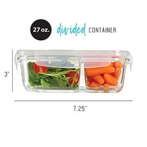 Fit & Fresh Divided, 5-Pack, Two Compartments, Set of 5 Containers with Locking Lids, Glass Storage, Meal Prep Containers with Airtight Seal, 27 oz.