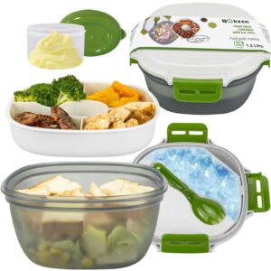 bokzen freezer bento box, salad lunch containers with built-in ice pack & fork for food freshness, 1.2l 4-compartment leakproof chill bento lunch box for adults