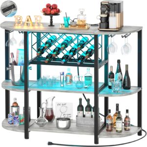 unikito 4-tier metal coffee bar cabinet with outlet and led light, freestanding floor table for liquor glass holder wine rack storage, bakers kitchen dining room, white oak