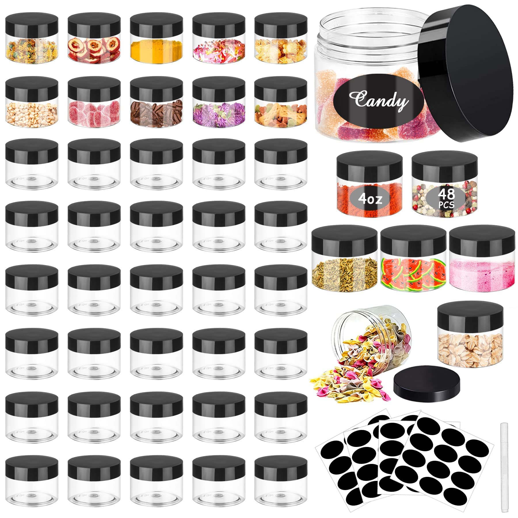 SLifeJars 4OZ Plastic Jars 48Pcs Wide Mouth Round Clear Container Jars with Black Lids Stackable Empty Slime Jars Refillable Clear Airtight Travel Storage Jars for Kitchen, Beauty Products and More