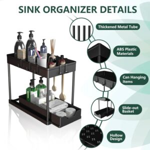 1 Pack Under Sink Organizers and Storage - 2 Tier Sliding Bathroom Cabinet Organizer with Hooks - Multi-Purpose Under The Sink Organizer Kitchen - Black