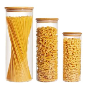 RoweLLsouL Glass Storage Jars, Transparent Food Containers Set of 3, Food Jars with Bamboo Wood Lid for Kitchen Ingredients Storage, Coffee Beans, Candy, Cookies, Rice, Sugar, Flour, Pasta, Nuts