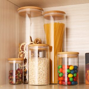 RoweLLsouL Glass Storage Jars, Transparent Food Containers Set of 3, Food Jars with Bamboo Wood Lid for Kitchen Ingredients Storage, Coffee Beans, Candy, Cookies, Rice, Sugar, Flour, Pasta, Nuts