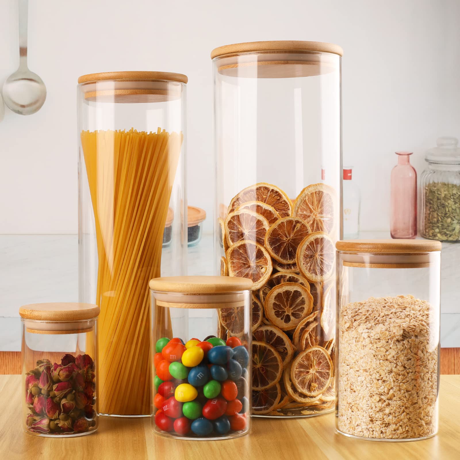 RoweLLsouL Glass Storage Jars, Transparent Food Containers Set of 3, Food Jars with Bamboo Wood Lid for Kitchen Ingredients Storage, Coffee Beans, Candy, Cookies, Rice, Sugar, Flour, Pasta, Nuts