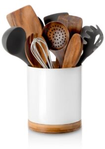 nucookery 360° rotating utensil holder, 7.2" large utensil crock, white ceramic cooking utensil organizer with countertop-protection cork bottom for farmhouse kitchen decor gift (white)