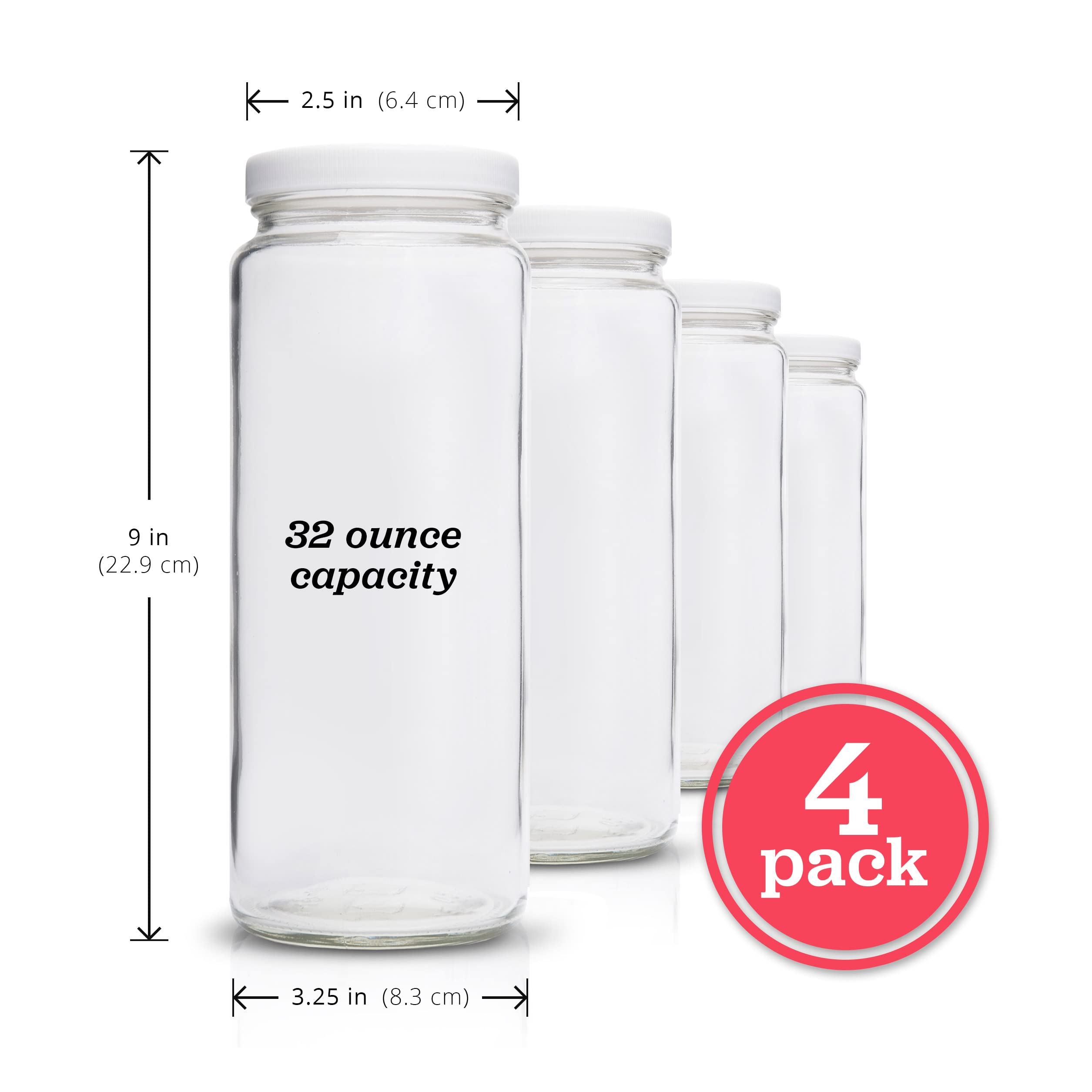 All About Juicing Glass Bottles Set - 32 oz Jars, 4 Pack Wide Mouth with Lids for Juice, Smoothies, Water, Milks, Beverage Storage - Large Jug, Clear, Durable, Reusable, Dishwasher Safe, Leak Proof