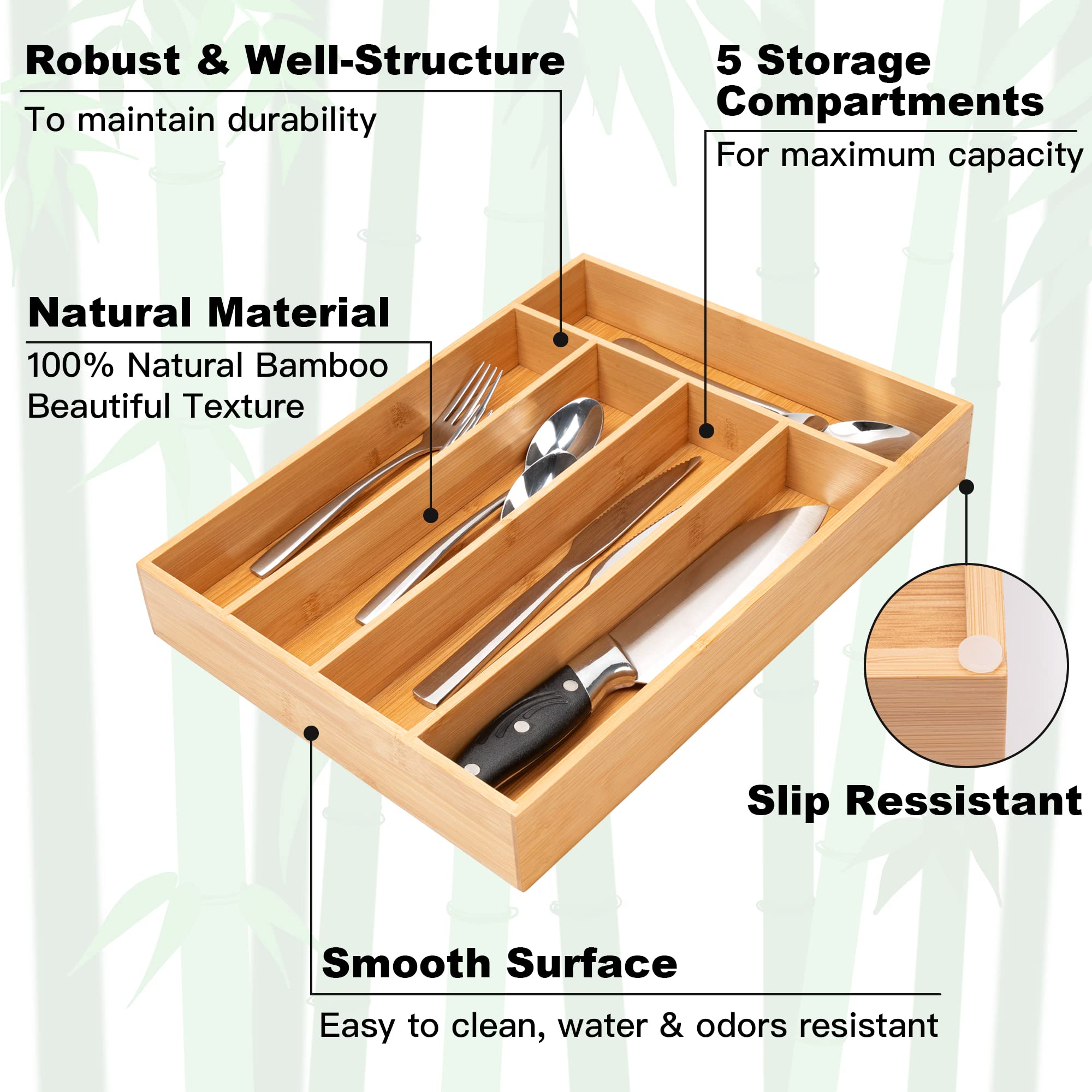 Besilord Silverware Organizer Bamboo Kitchen Drawer Organizer Utensil Organizer Silverware Holder Cutlery Organizer in Drawer Flatware Organizers Tray