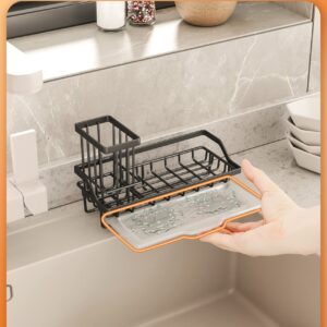 SWTYMIKI Sink Caddy Sponge Holder - Kitchen Sink Organizer with High Brush Holder for Countertop by the Sink Holding Dish Soaps and Sponges, Stainless Steel, Black