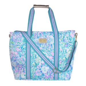 lilly pulitzer picnic and beach cooler, insulated cooler bag with adjustable shoulder strap and zippered top, large soft cooler for groceries or travel, soleil it on me