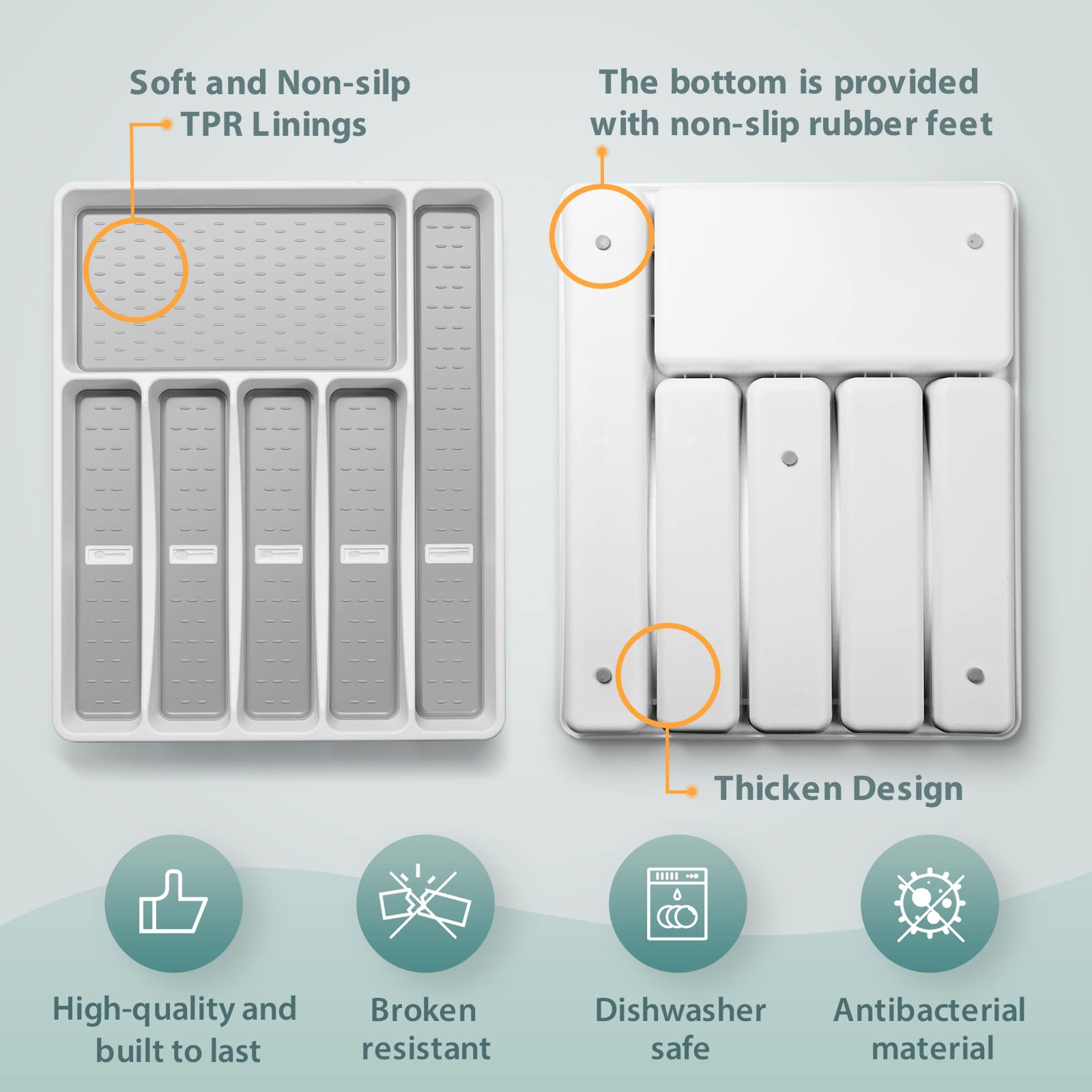 Joequality Silverware Organizer with Icons，Plastic Cutlery silverware Tray for Drawer，Utensil Tableware Flatware Organizer for Kitchen with Non-slip TPR,Fits Oversized Drawer,6-Compartment，Grey