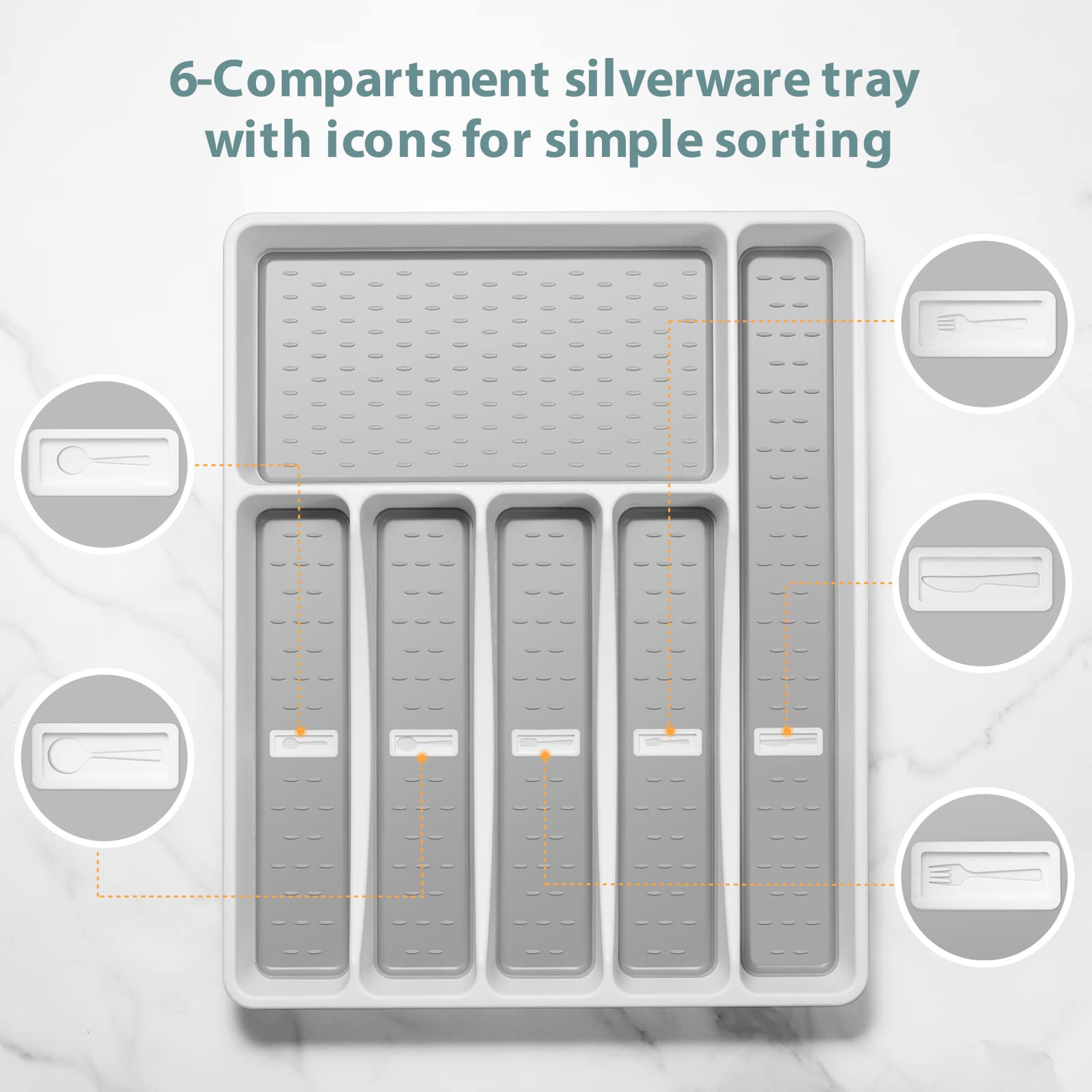 Joequality Silverware Organizer with Icons，Plastic Cutlery silverware Tray for Drawer，Utensil Tableware Flatware Organizer for Kitchen with Non-slip TPR,Fits Oversized Drawer,6-Compartment，Grey