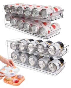 zyerch 2 pack rolling soda can dispenser for refrigerator with 1 pack ice ball maker, pantry organization and storage 2-layer beverage holder for fridge, clear