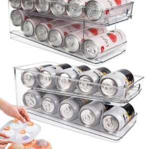 Zyerch 2 Pack Rolling Soda Can Dispenser for Refrigerator with 1 Pack Ice Ball Maker, Pantry Organization and Storage 2-Layer Beverage Holder for Fridge, Clear