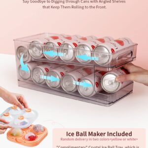 Zyerch 2 Pack Rolling Soda Can Dispenser for Refrigerator with 1 Pack Ice Ball Maker, Pantry Organization and Storage 2-Layer Beverage Holder for Fridge, Clear