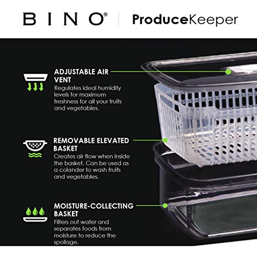 BINO | Produce Saver - 6.8 Cup/1.6L | Fridge Storage Containers for Fruits and Vegetables | Vegetable Storage with Adjustable Air Vent, Removable Basket | BPA-Free Fridge Organizers and Storage