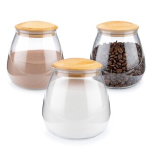 set of 3 round glass jars with bamboo lids - modern, glass storage containers for coffee, sugar, candy, rice, pasta & more - decorative 29 ounce borosilicate glass canisters with airtight lids