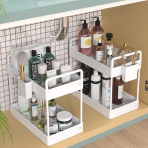 ronlap 2 pack under sink organizers and storage, 2 tier bathroom organizer under sink with handle hanging cup hooks dividers, kitchen organization and storage under sink cabinet counter shelf, white