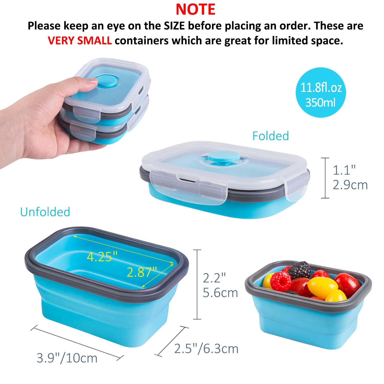 Annaklin Collapsible Food Storage Containers with Lids & Vent, 11.8 oz, Kitchen Stacking Silicone Collapsible Meal Prep Container Set for Leftover, Microwave Freezer Dishwasher Safe, Blue Small 4 Pack