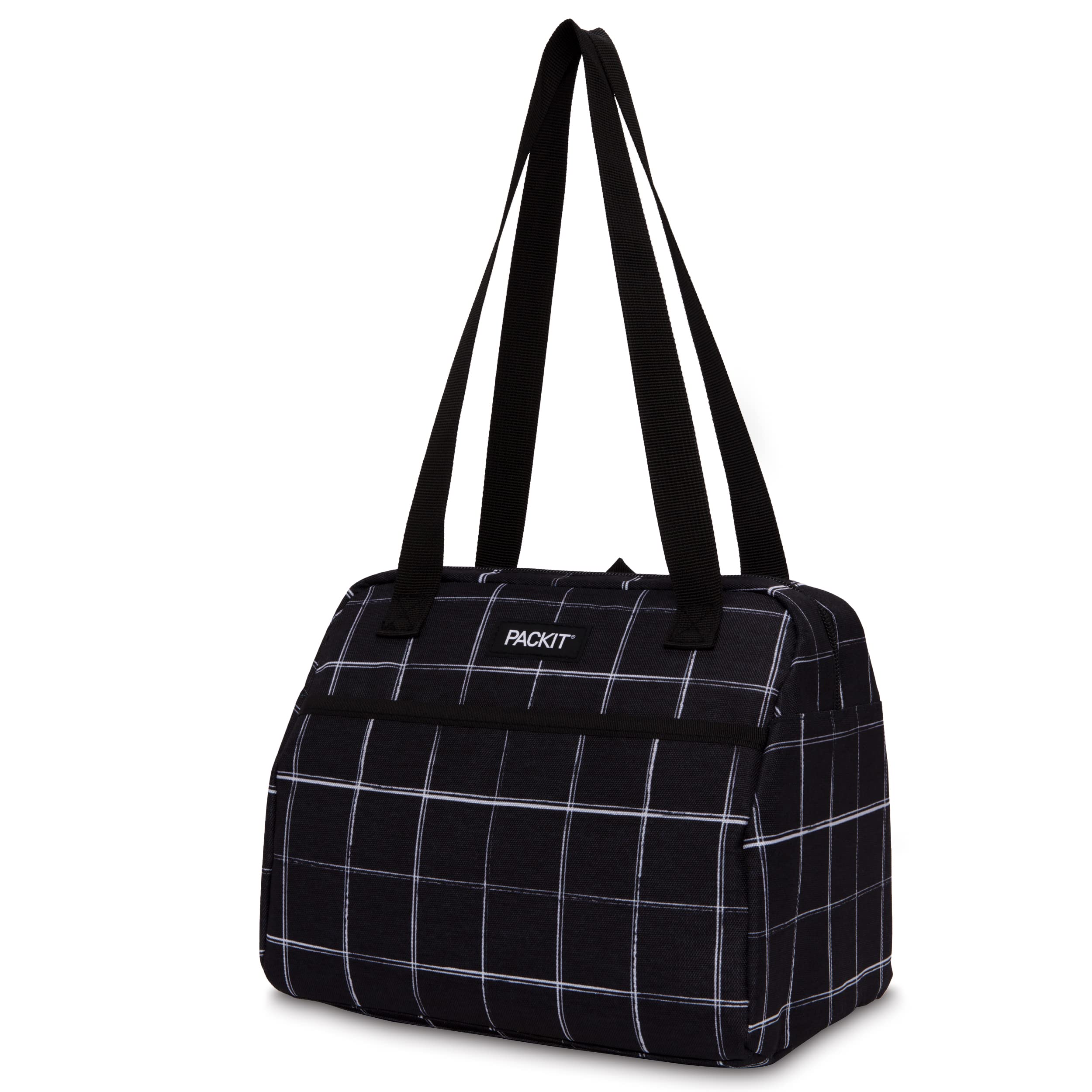 PackIt Freezable Hampton Lunch Bag, Black Grid, Built with EcoFreeze Technology, Collapsible, Reusable, Zip Closure with Front Pocket and Shoulder Straps, Perfect for Tweens and Adults