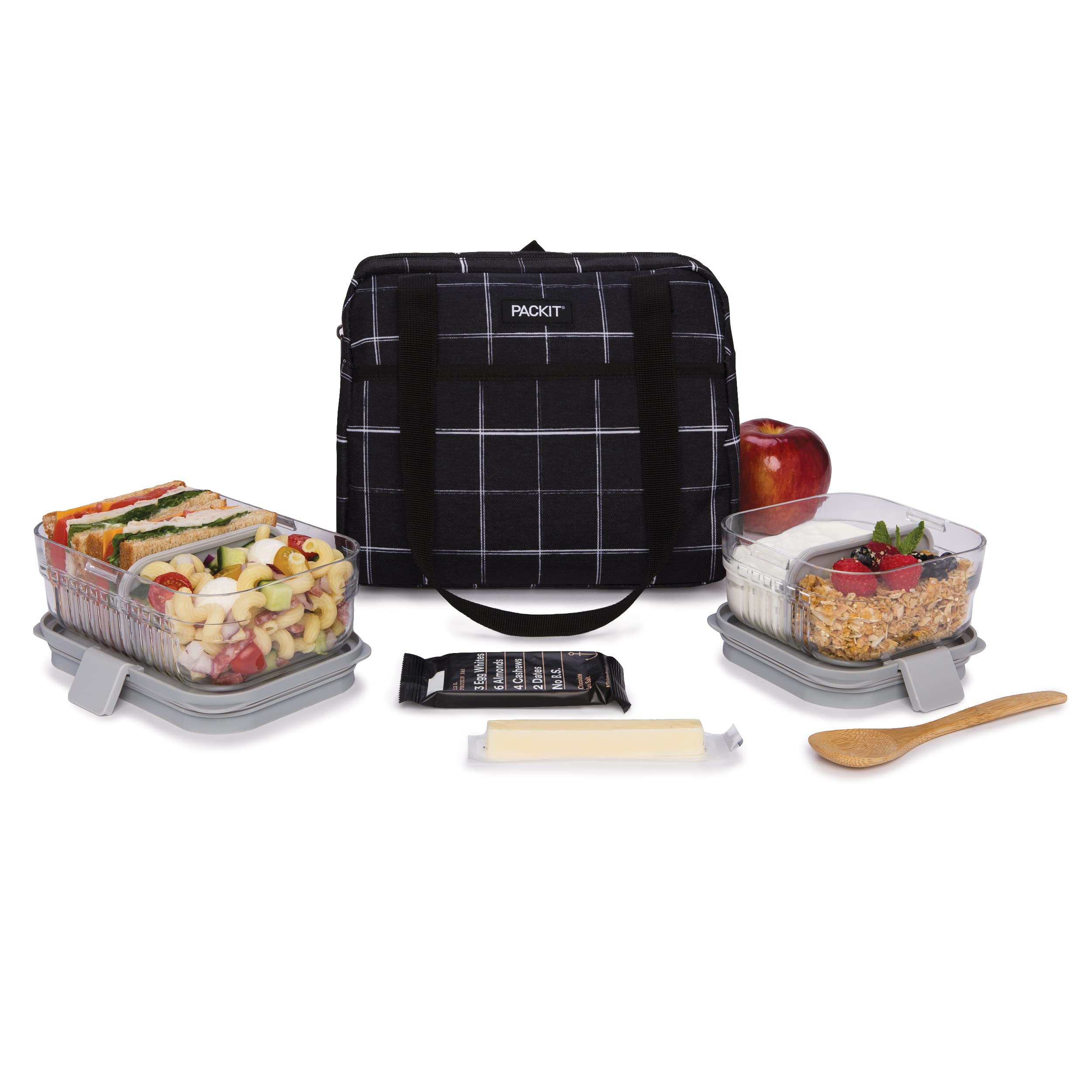 PackIt Freezable Hampton Lunch Bag, Black Grid, Built with EcoFreeze Technology, Collapsible, Reusable, Zip Closure with Front Pocket and Shoulder Straps, Perfect for Tweens and Adults