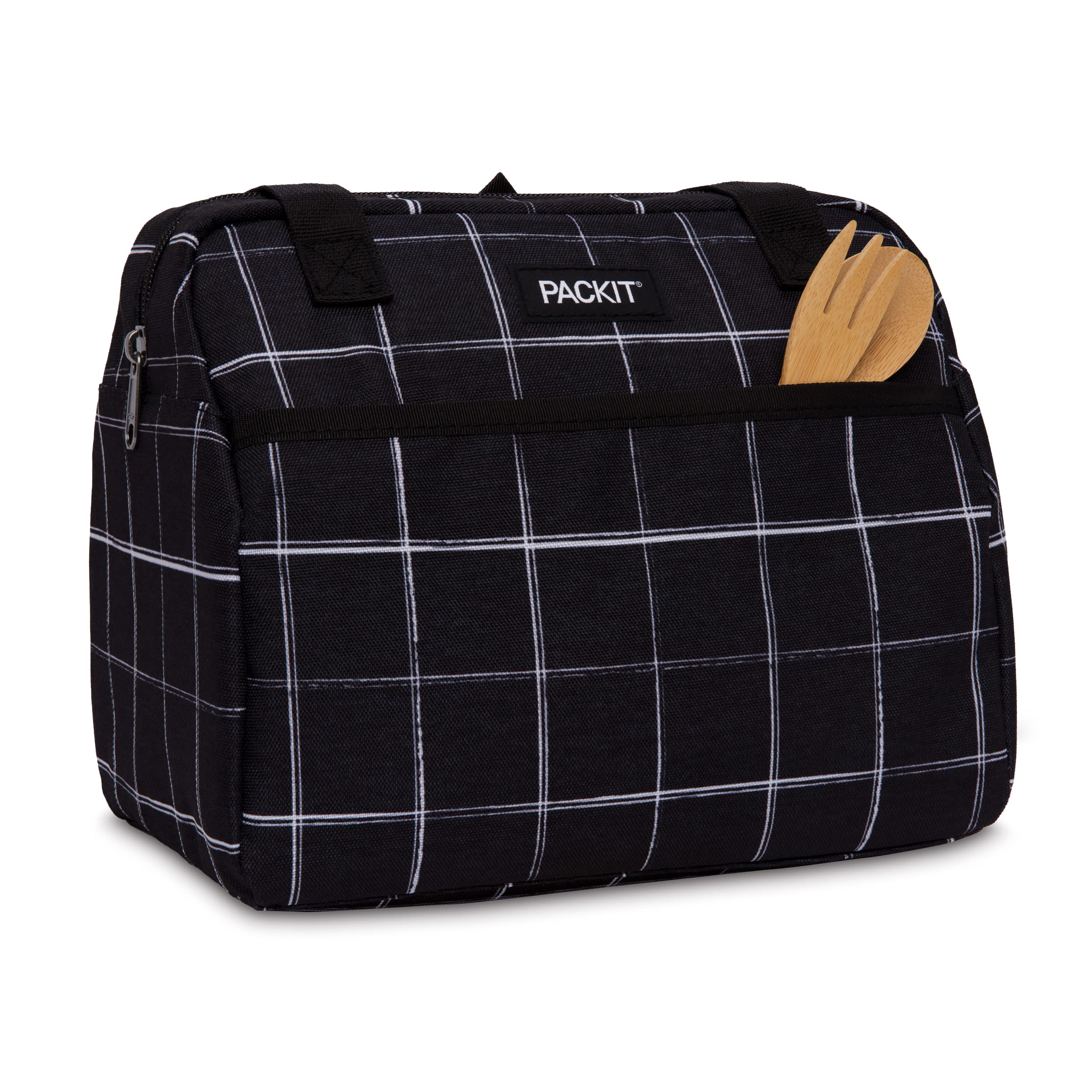 PackIt Freezable Hampton Lunch Bag, Black Grid, Built with EcoFreeze Technology, Collapsible, Reusable, Zip Closure with Front Pocket and Shoulder Straps, Perfect for Tweens and Adults