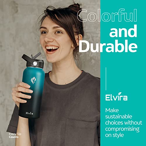 Elvira 32oz Vacuum Insulated Stainless Steel Water Bottle with Straw & Spout Lids, Double Wall Sweat-proof BPA Free to Keep Beverages Cold For 24Hrs or Hot For 12Hrs-Green/Black