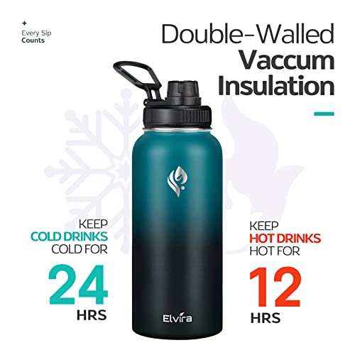 Elvira 32oz Vacuum Insulated Stainless Steel Water Bottle with Straw & Spout Lids, Double Wall Sweat-proof BPA Free to Keep Beverages Cold For 24Hrs or Hot For 12Hrs-Green/Black