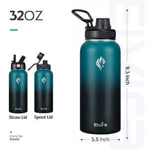 Elvira 32oz Vacuum Insulated Stainless Steel Water Bottle with Straw & Spout Lids, Double Wall Sweat-proof BPA Free to Keep Beverages Cold For 24Hrs or Hot For 12Hrs-Green/Black