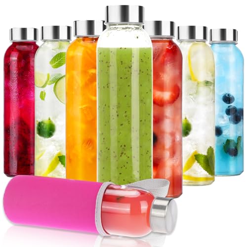 Moretoes 8pcs 18oz Glass Water Bottles, Glass Juice Bottle with Colorful Nylon Protection Sleeve, for Juice, Drinks