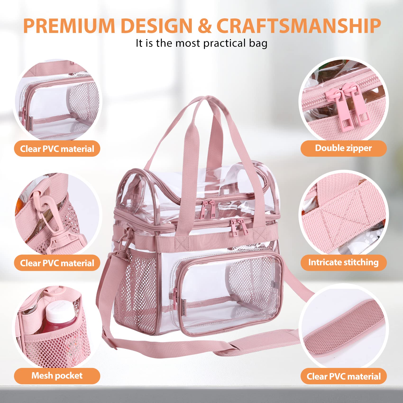 Double Tote Heavy-Duty Pink Clear Lunch Bag for Work: Extra Large 12x12x6 Size - Stadium Approved, Ideal for College, Concerts or Correctional Nurse Officers