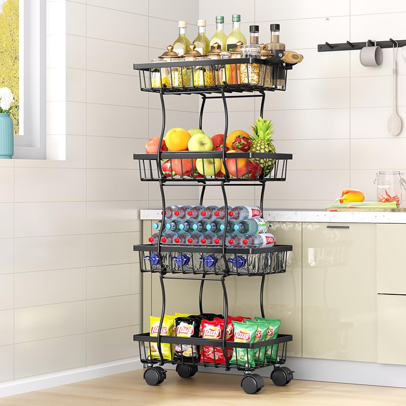 Fruit Vegetable Basket for Kitchen Organizers - 4 Tier Stackable Metal Wire Basket Stand, Black