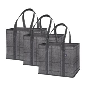 veno 3 pack reusable grocery bags, shopping bags for groceries, utility tote with handles and hard bottom, foldable shopping cart organizer, multi-purpose, heavy-duty (blk windowpane, 3 pack)