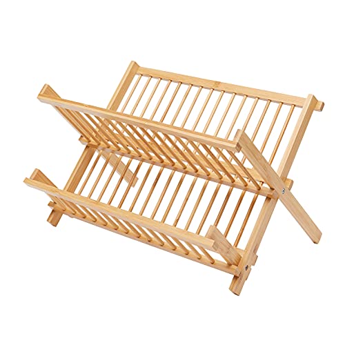 Amazon Basics Folding 2-Tier Bamboo Dish Drying Rack - Collapsible, Natural