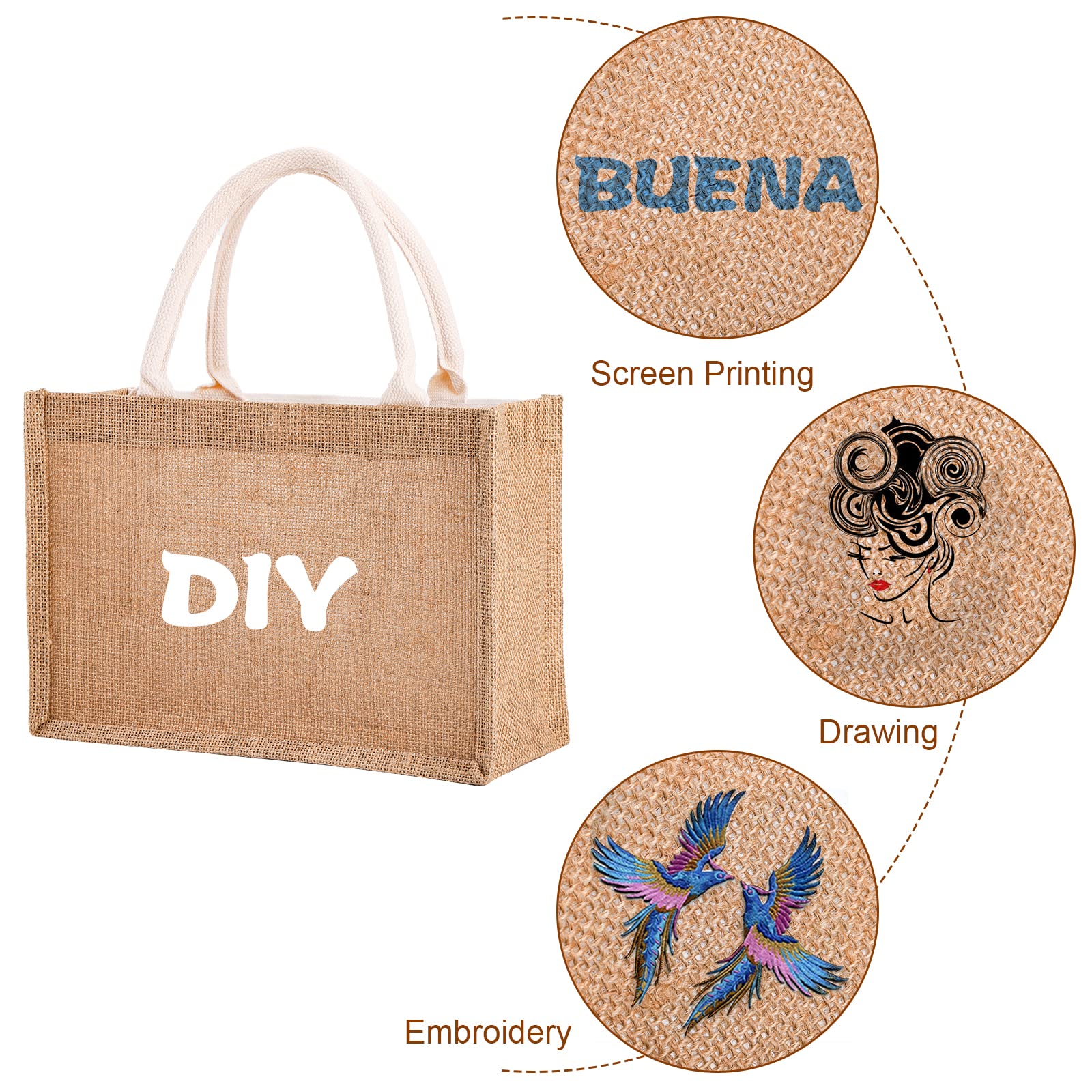 SOUJOY 6 Pack Burlap Tote Bag, Reusable Jute Gift Totes with Handles, Water Resistant Beach Bag, 14.7'' x 9.8'' x 4.5'' Canvas Grocery Shopping Totes for Bridesmaid, DIY, Shopping, Wedding Bag