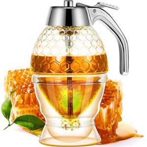 acrylic honey dispenser with stand honey comb shaped honey pot, syrup and sugar jar pot, no drip honey dispenser with high capacity honey pourer dispenser