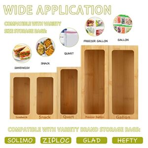 LIBWYS Bamboo Storage Bag Organizer Compatible with Ziploc, Solimo, Glad, Hefty for Gallon, Quart, Sandwich, Snack & Freezer Gallon Variety Size Bag Holder Kitchen Drawer Dispenser