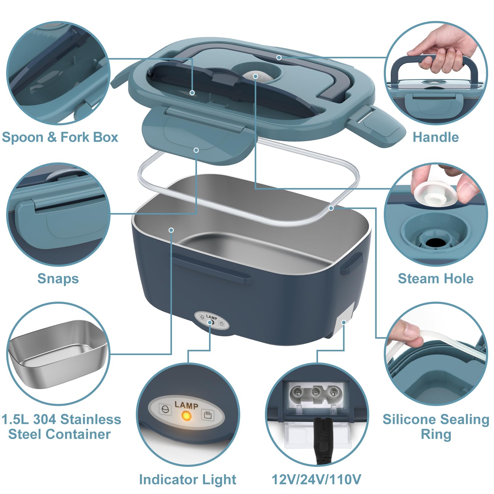 WisaKey Electric Lunch Box Food Heater, 60-80W Heated Lunch Box for Adult, 12V 24V 110V Portable Food Warmer LunchBox for Car Truck Work with 304 Stainless Steel Container, Truck Driver/Trucker Gifts