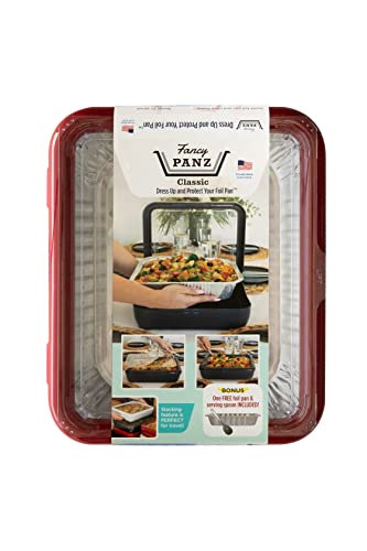 Fancy Panz Classic, Dress Up & Protect Your Foil Pan, Made in USA, Fits Half Size Foil Pans. Hot or Cold Food. Stackable for easy travel. (Red)