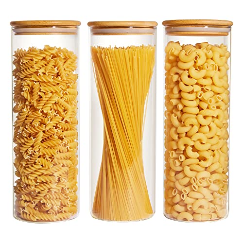 Vtopmart 70oz Glass Food Storage Jars, Set of 3 Large Food Containers with Airtight Bamboo Wooden Lids for Pasta, Nuts, Flour, Glass Canisters for Kitchen, Pantry Organization and Storage, BPA Free