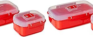 Sistema Heat and Eat 4 Rectangular Food Containers with Lids 1.25L + 2X 525ml | Locking Clips & Steam Release Vents | BPA-Free Microwave Set, 8x10/16x20, 4 pack, Red