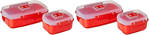 Sistema Heat and Eat 4 Rectangular Food Containers with Lids 1.25L + 2X 525ml | Locking Clips & Steam Release Vents | BPA-Free Microwave Set, 8x10/16x20, 4 pack, Red