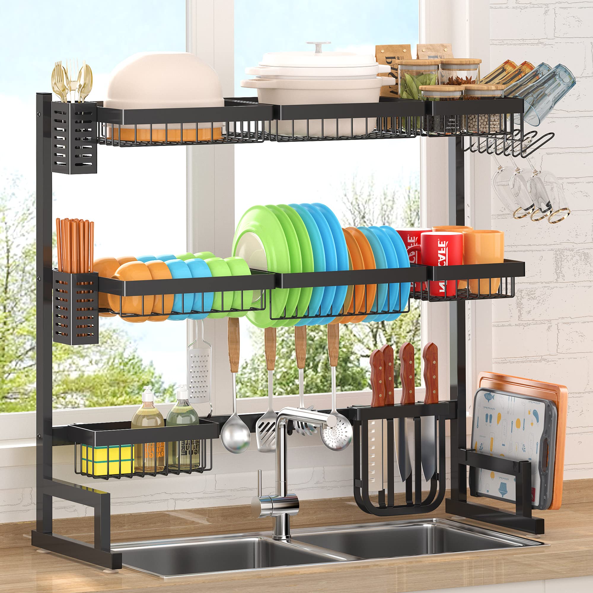 PUSDON Over Sink Dish Drying Rack (34"-45") 3 Tier, 2 Cutlery Holders Adjustable Dish Drainer for Kitchen Storage Countertop Organization, Stainless Steel Space Save Shelf (Sink Size≤44inch, Black)