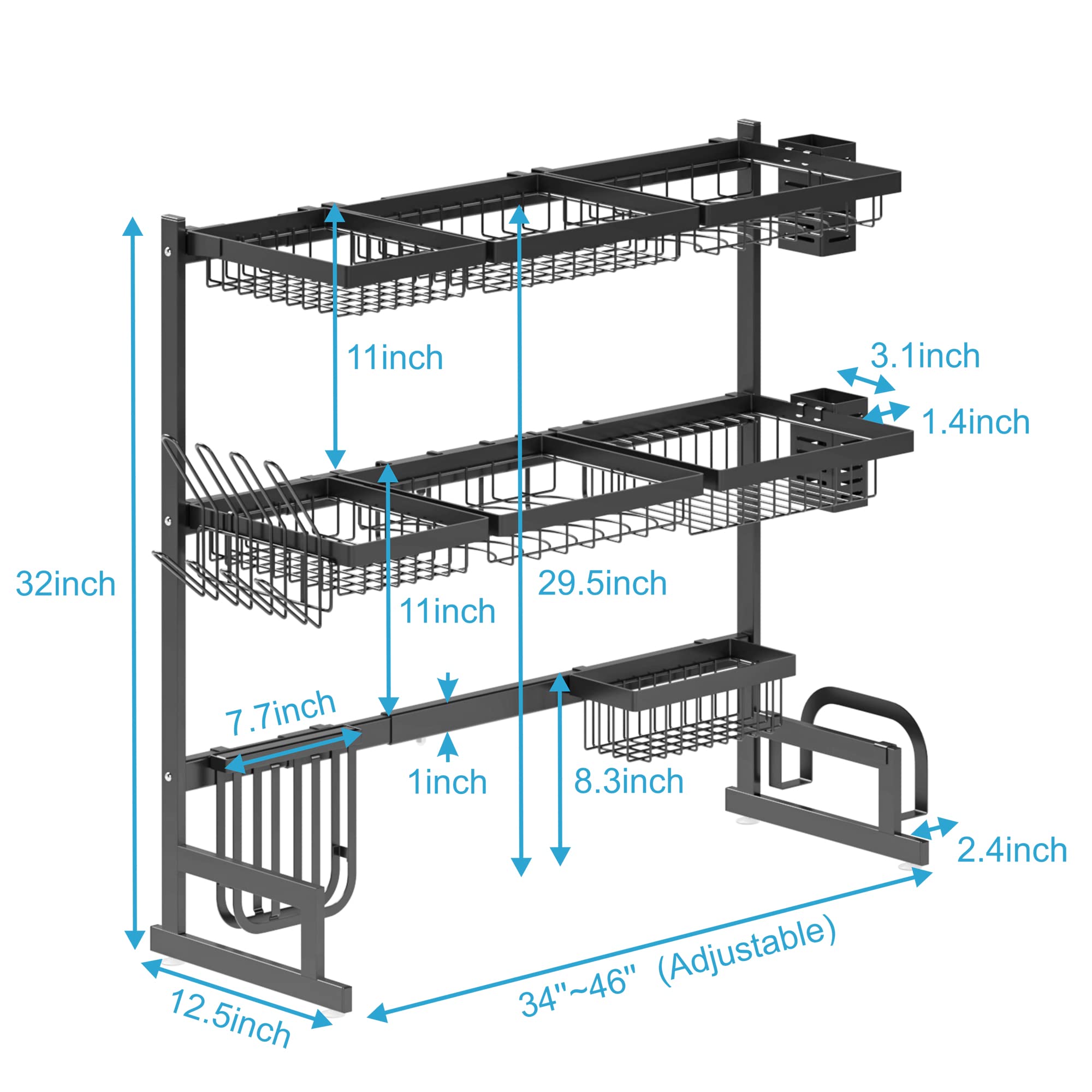 PUSDON Over Sink Dish Drying Rack (34"-45") 3 Tier, 2 Cutlery Holders Adjustable Dish Drainer for Kitchen Storage Countertop Organization, Stainless Steel Space Save Shelf (Sink Size≤44inch, Black)
